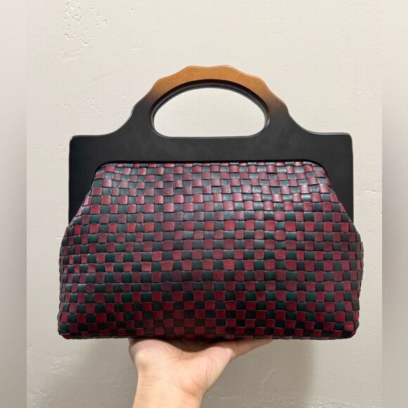 Colorblock Woven Cowhide Handmade Wooden Frame Top Handle Satchel, Crossbody Bag - Picture 2 of 16